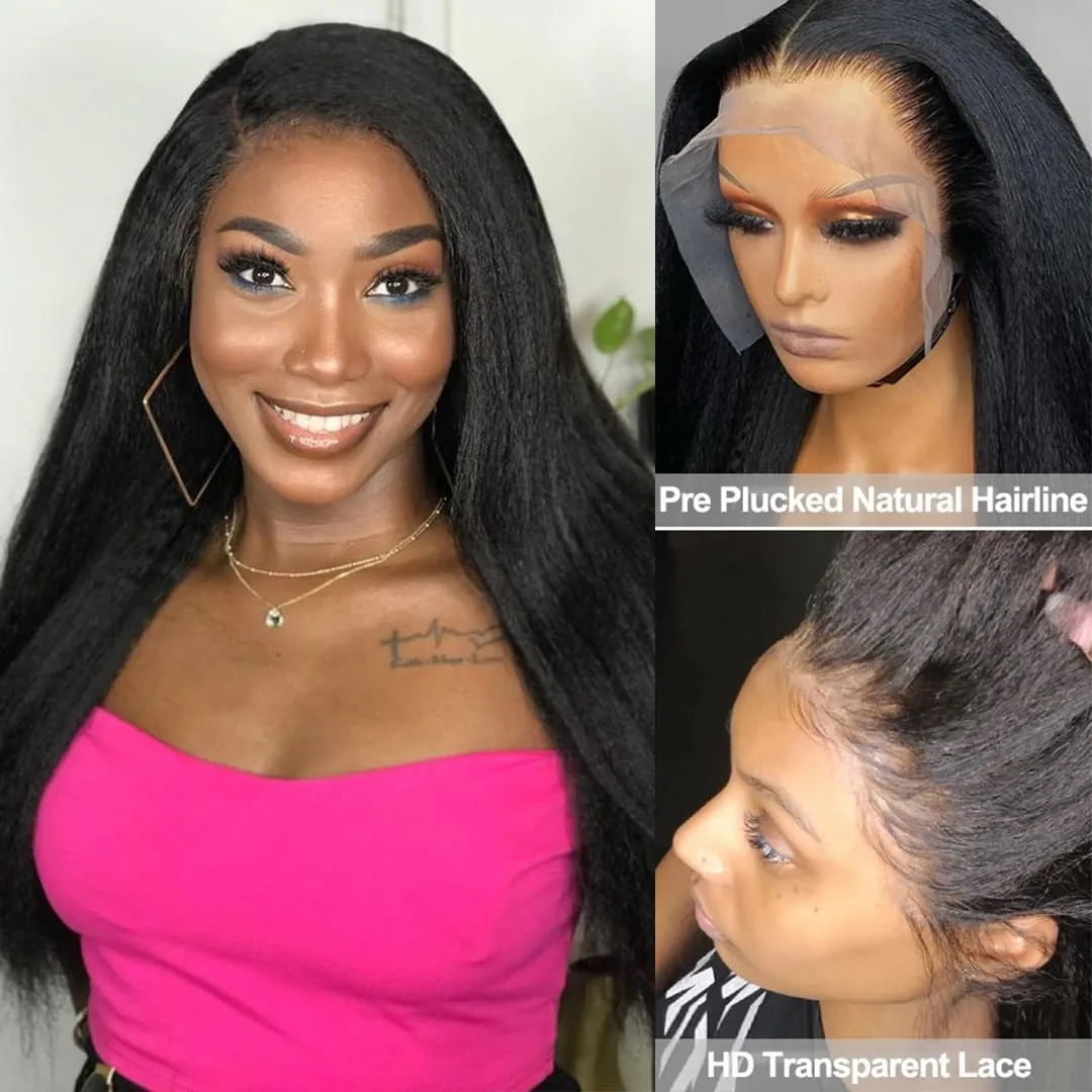 13X6 Kinky Straight Wig 18inch Pre Plucked Yaki Straight Lace Front Wigs Human Hair 180% Density Natural HD Glueless Wigs Human Hair For Black Women KinkyStraight Human Hair Wig