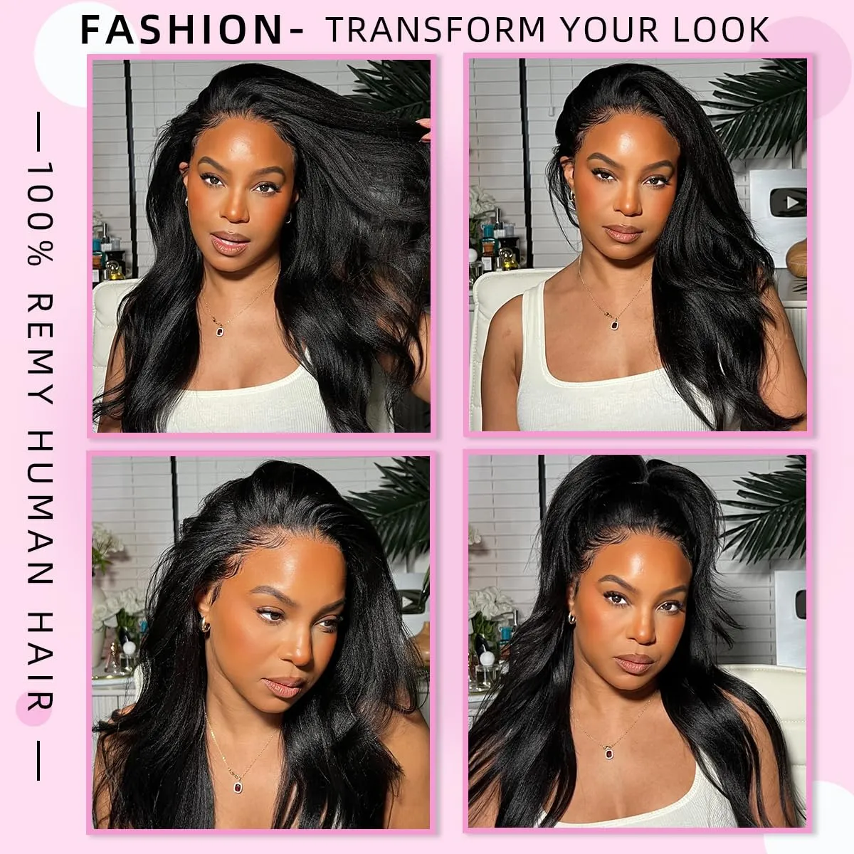 13X6 Kinky Straight Wig 18inch Pre Plucked Yaki Straight Lace Front Wigs Human Hair 180% Density Natural HD Glueless Wigs Human Hair For Black Women KinkyStraight Human Hair Wig