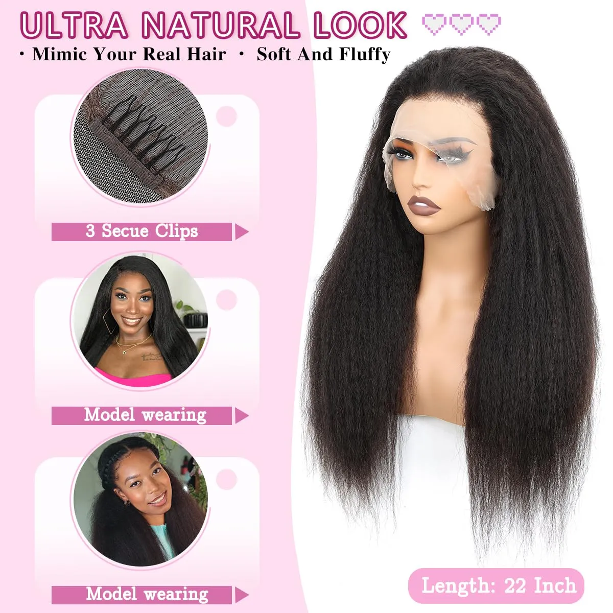 13X6 Kinky Straight Wig 18inch Pre Plucked Yaki Straight Lace Front Wigs Human Hair 180% Density Natural HD Glueless Wigs Human Hair For Black Women KinkyStraight Human Hair Wig
