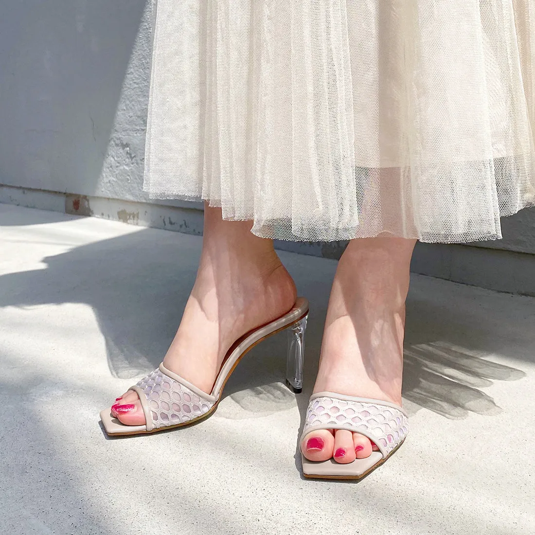 15% OFF: Mesh design clear heel mules (m96103) Light beige MS