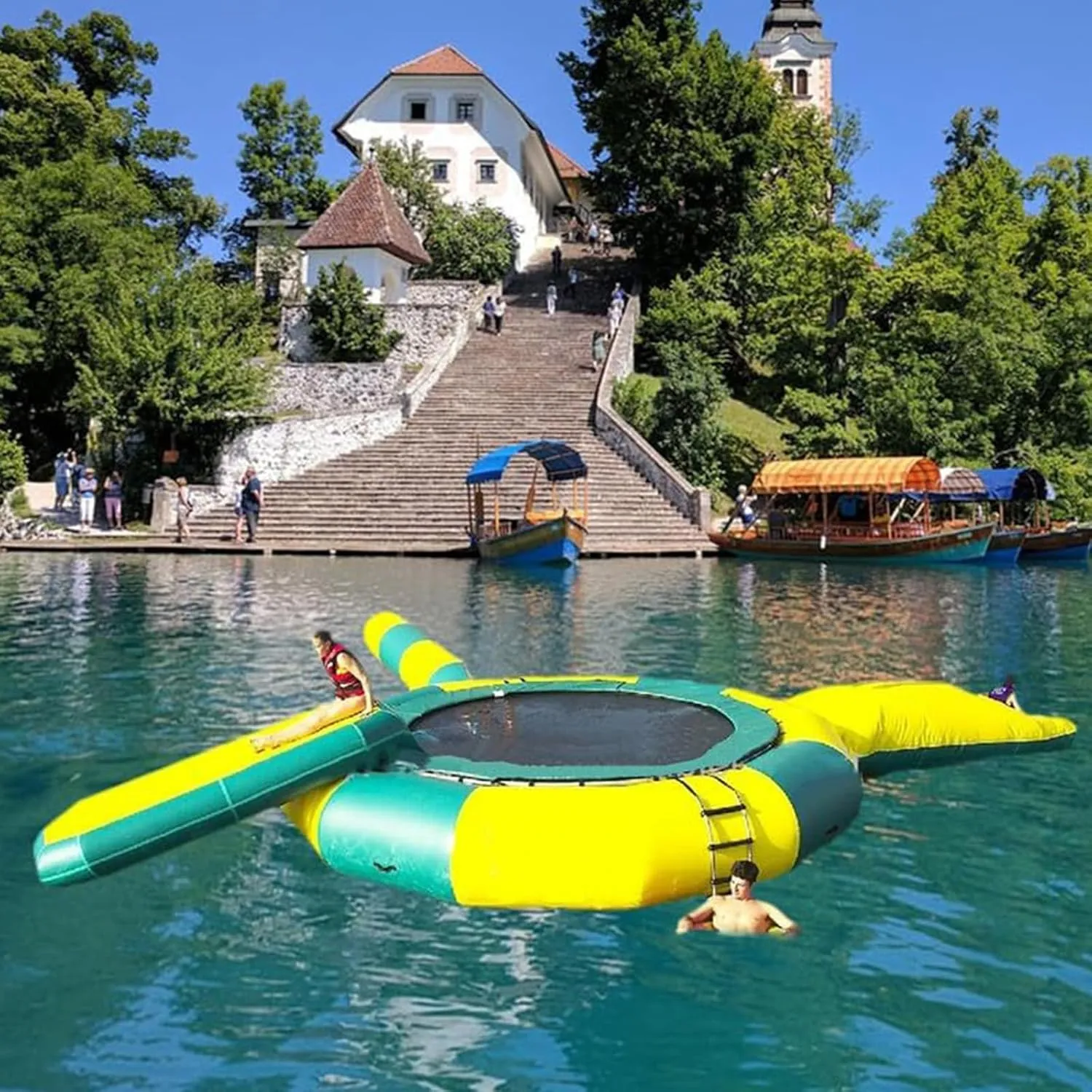 2/3/4M Water Trampoline, Lake Water Trampoline, Water Trampoline with Slide, Water Sports Safety Jumping Trampoline Water Park, Water Toys, lime