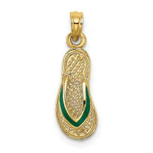 3-D Green Enamel Single Flip-Flop Charm Pendant in Real 14k Yellow Gold