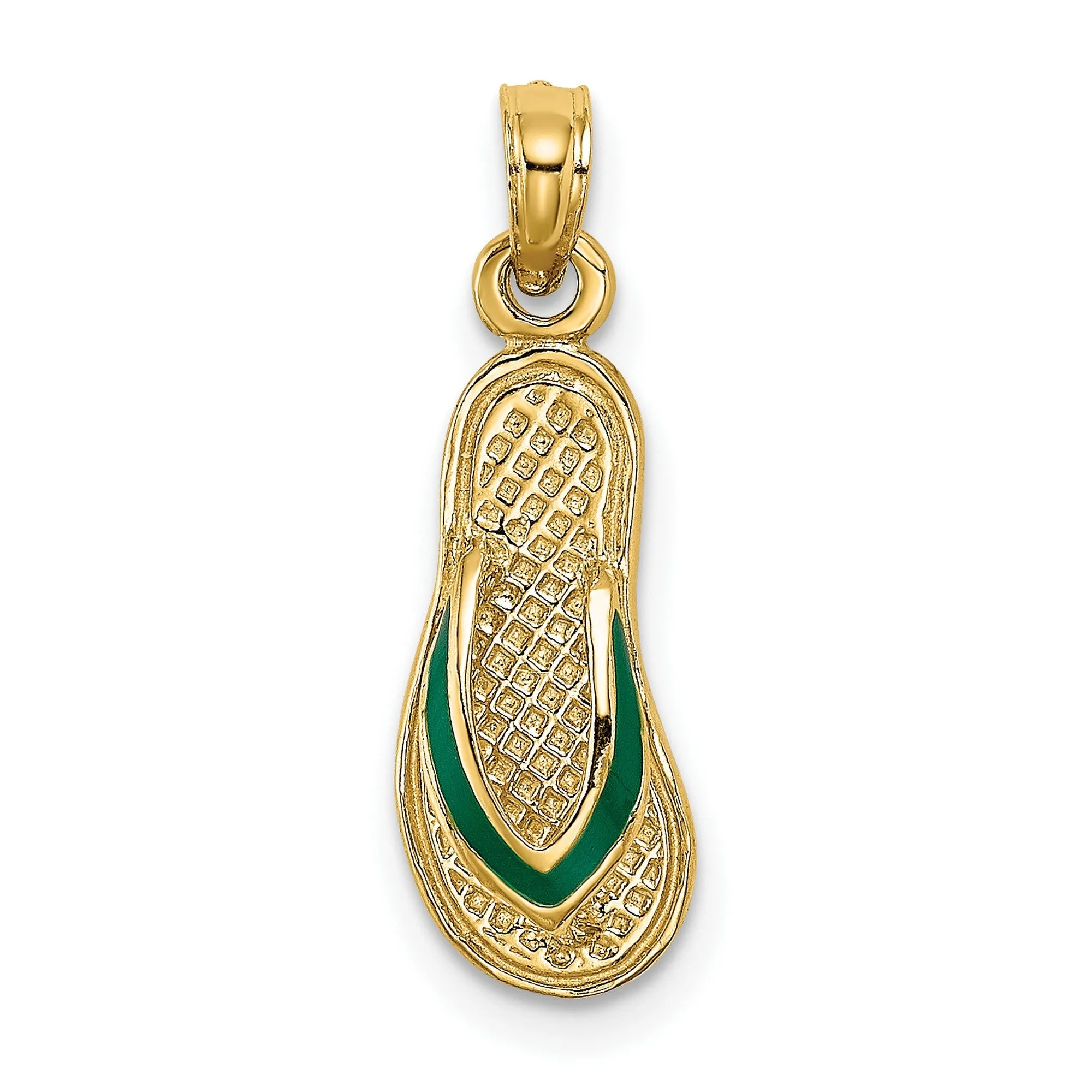 3-D Green Enamel Single Flip-Flop Charm Pendant in Real 14k Yellow Gold