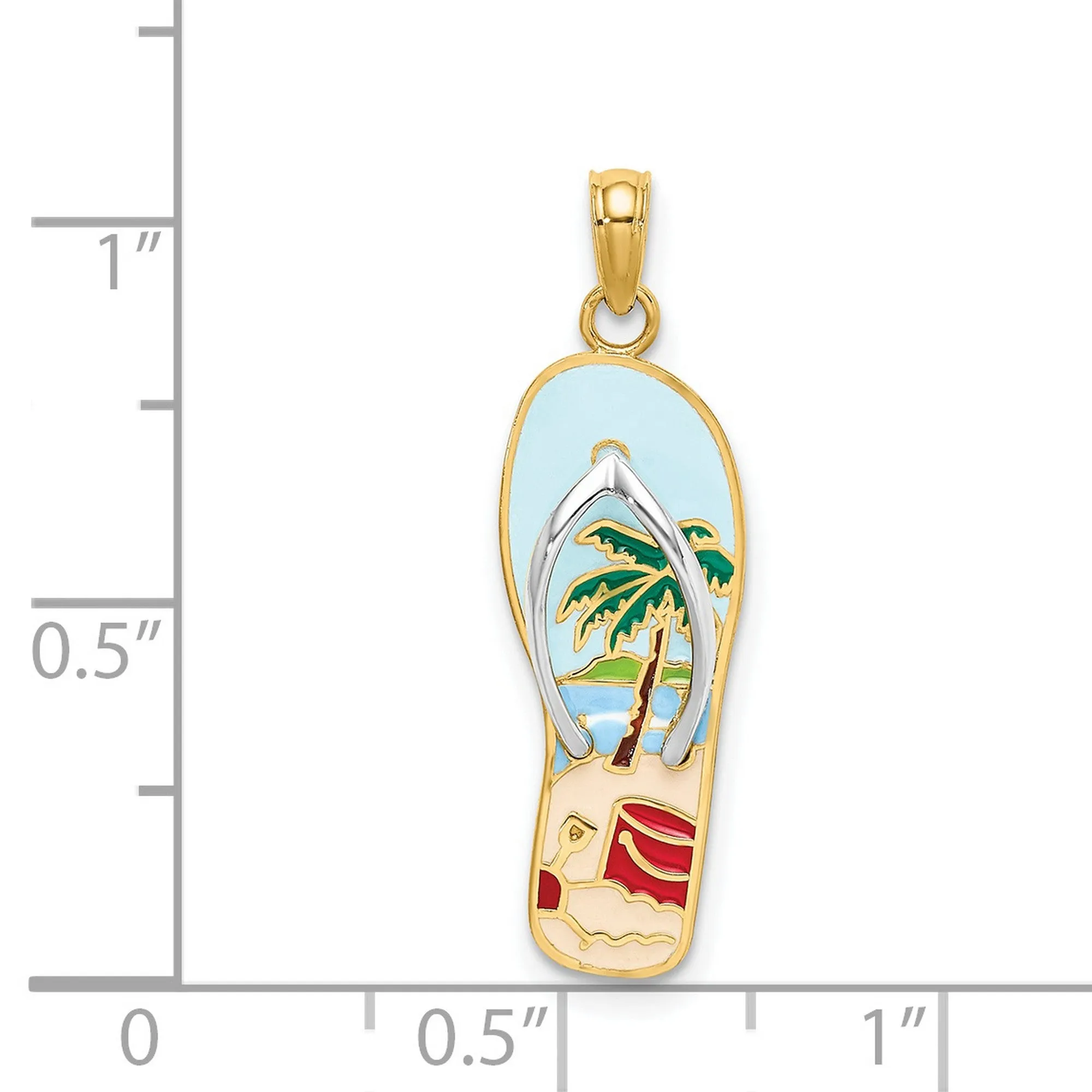 3-D Palm Tree And Bucket Flip-Flop Charm Pendant in Real 14k Multi-Tone Gold