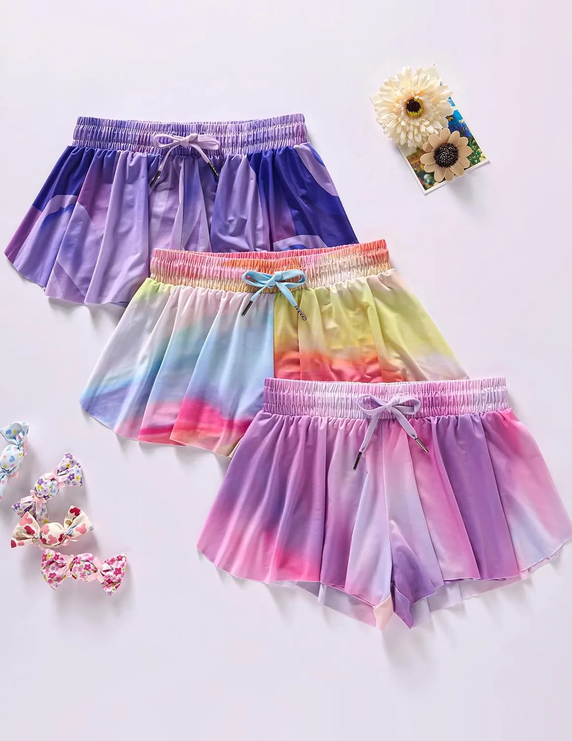 3 Pack Girls Flowy Shorts with Spandex Liner 2-in-1 Youth Butterfly Skirts for Fitness, Running, Sports