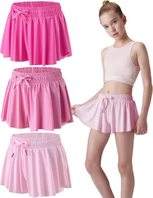 3 Pack Girls Flowy Shorts with Spandex Liner 2-in-1 Youth Butterfly Skirts for Fitness, Running, Sports