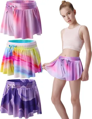 3 Pack Girls Flowy Shorts with Spandex Liner 2-in-1 Youth Butterfly Skirts for Fitness, Running, Sports