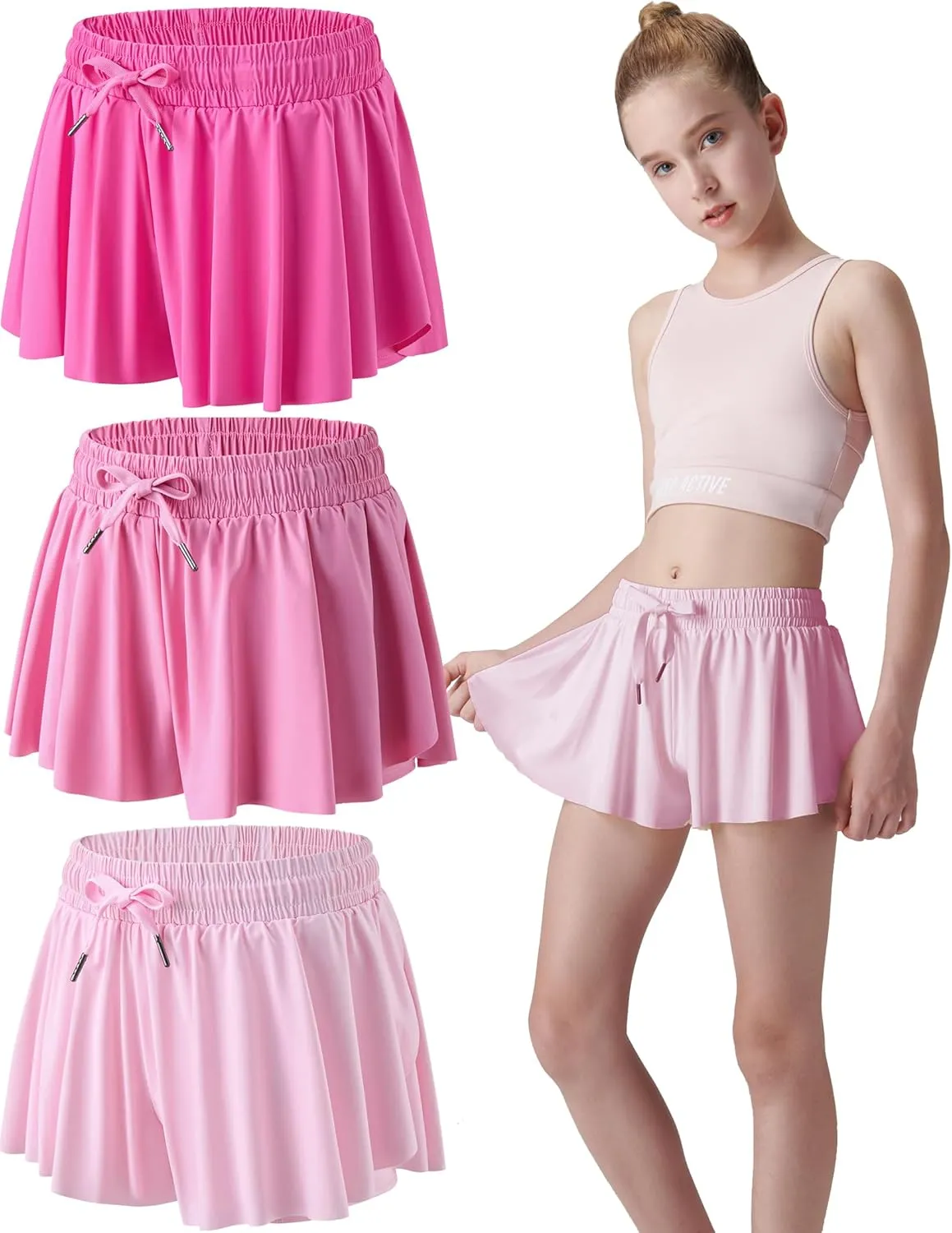 3 Pack Girls Flowy Shorts with Spandex Liner 2-in-1 Youth Butterfly Skirts for Fitness, Running, Sports