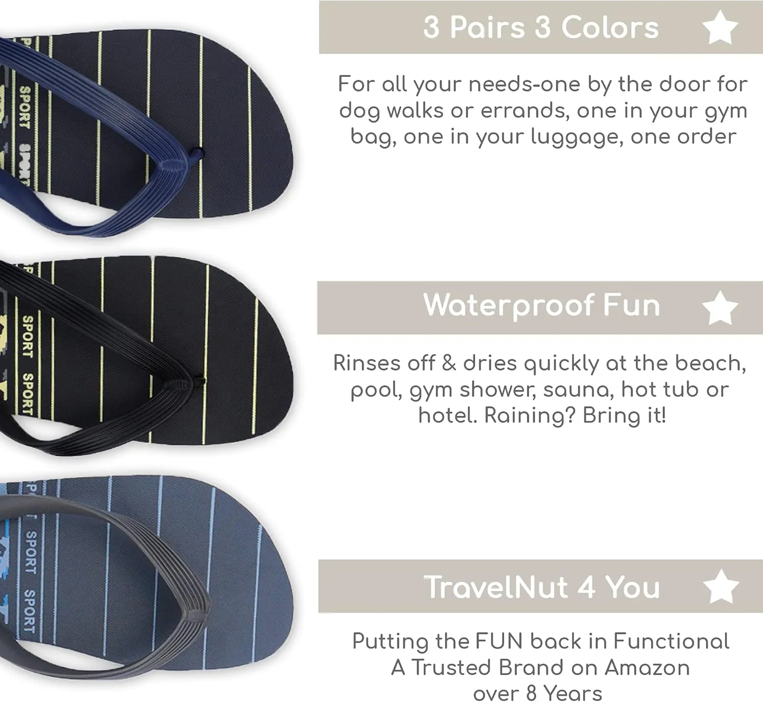 3 Pack Mens Pool Beach Rubber Waterproof Flip Flops Sandals for Surfing Summer Travel Must Haves Practical Shower Shoes Teen Boys