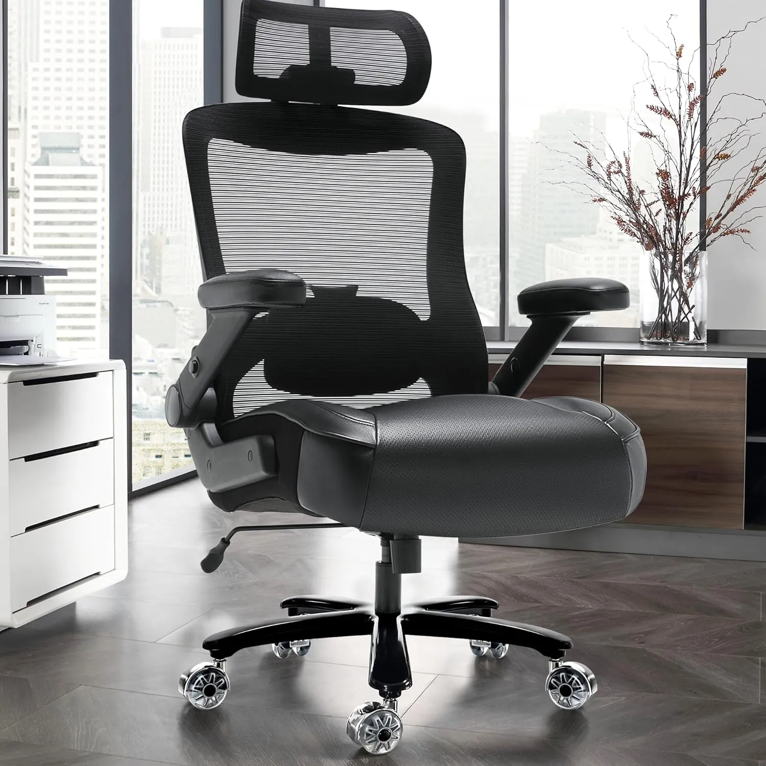 500lbs Big and Tall Office Chair- Heavy Duty Executive Computer Chair with 3D Flip Arms Large Wheels, Ergonomic Mesh High Back Desk Chair, Extra Wide Seat Adjustable Lumbar Support&Headrest