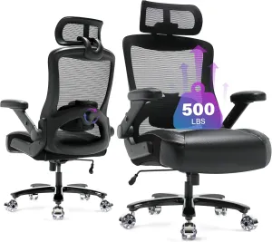 500lbs Big and Tall Office Chair- Heavy Duty Executive Computer Chair with 3D Flip Arms Large Wheels, Ergonomic Mesh High Back Desk Chair, Extra Wide Seat Adjustable Lumbar Support&Headrest