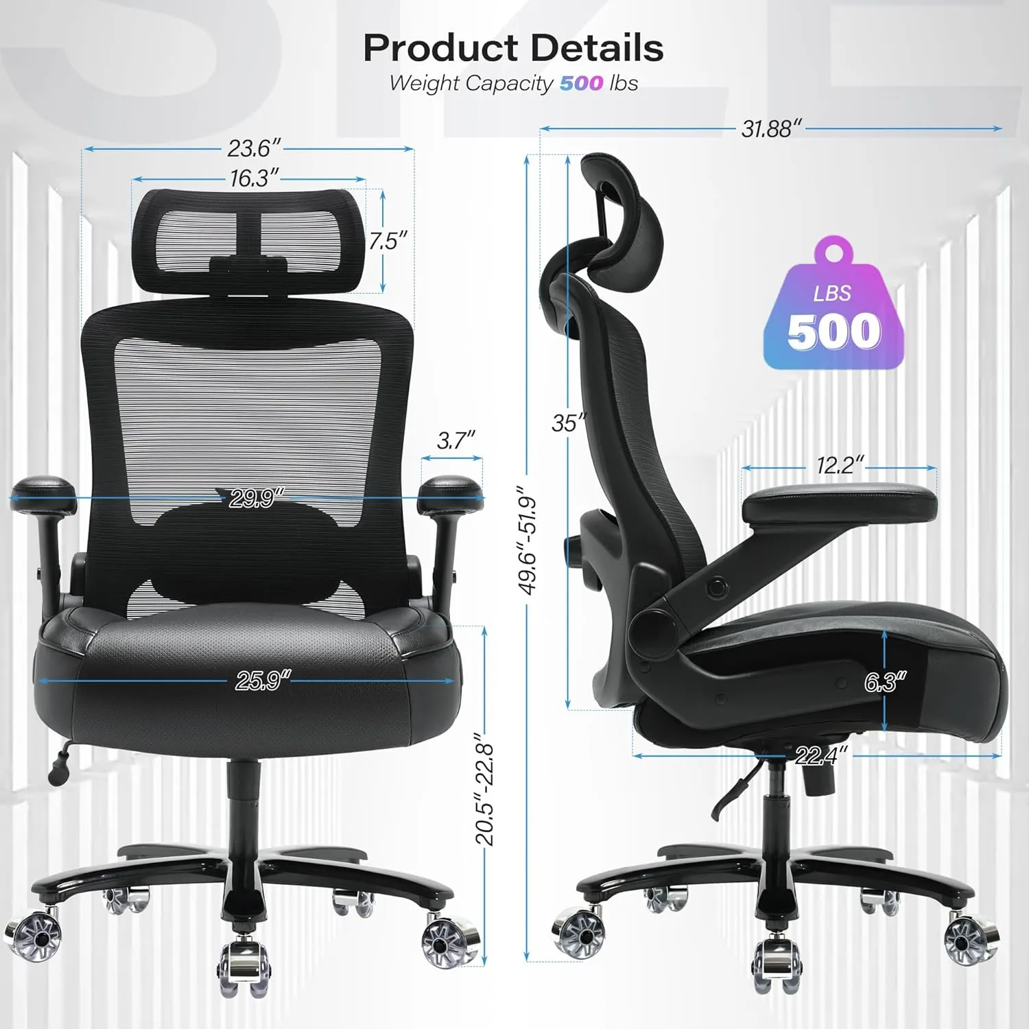 500lbs Big and Tall Office Chair- Heavy Duty Executive Computer Chair with 3D Flip Arms Large Wheels, Ergonomic Mesh High Back Desk Chair, Extra Wide Seat Adjustable Lumbar Support&Headrest