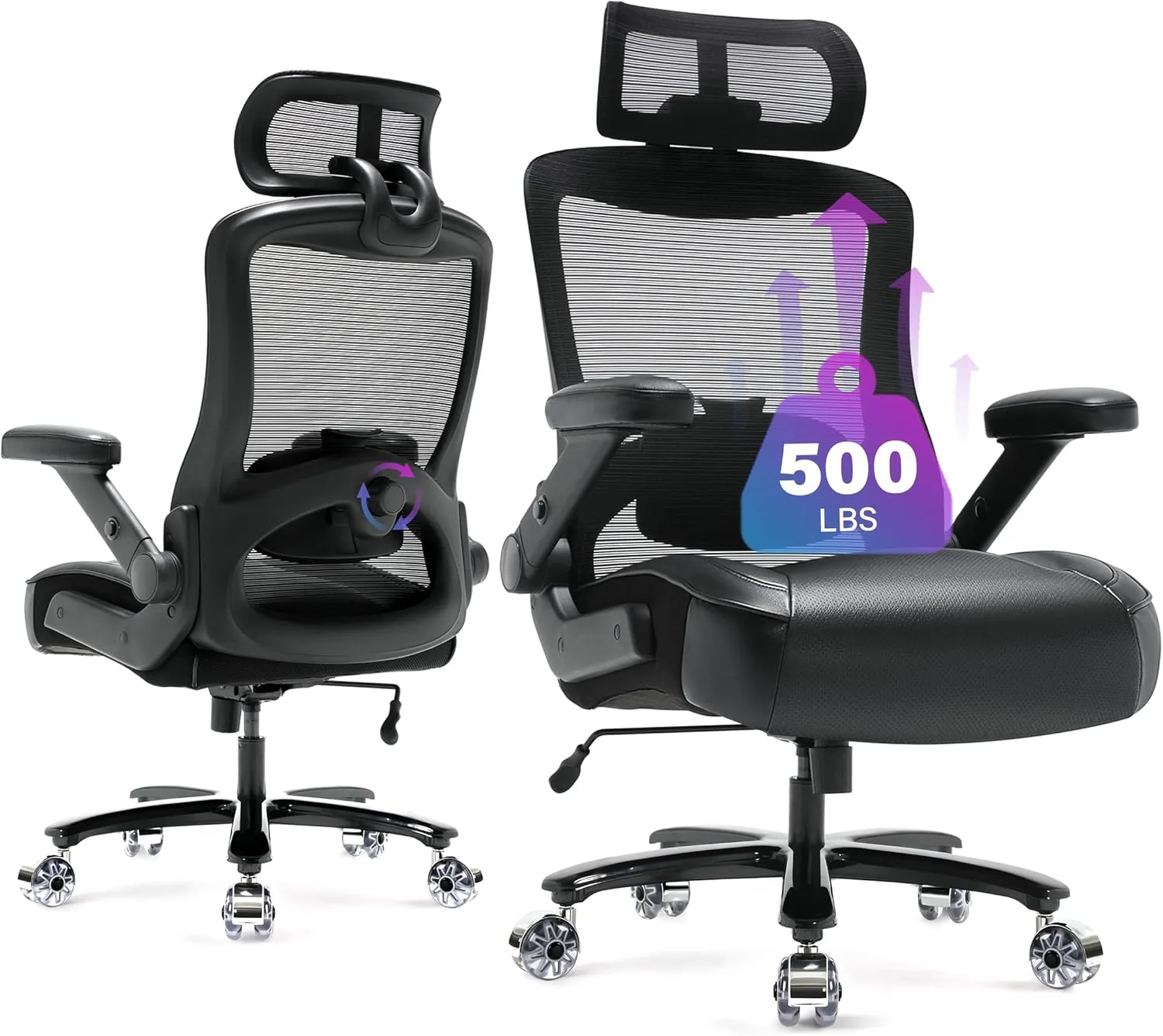 500lbs Big and Tall Office Chair- Heavy Duty Executive Computer Chair with 3D Flip Arms Large Wheels, Ergonomic Mesh High Back Desk Chair, Extra Wide Seat Adjustable Lumbar Support&Headrest