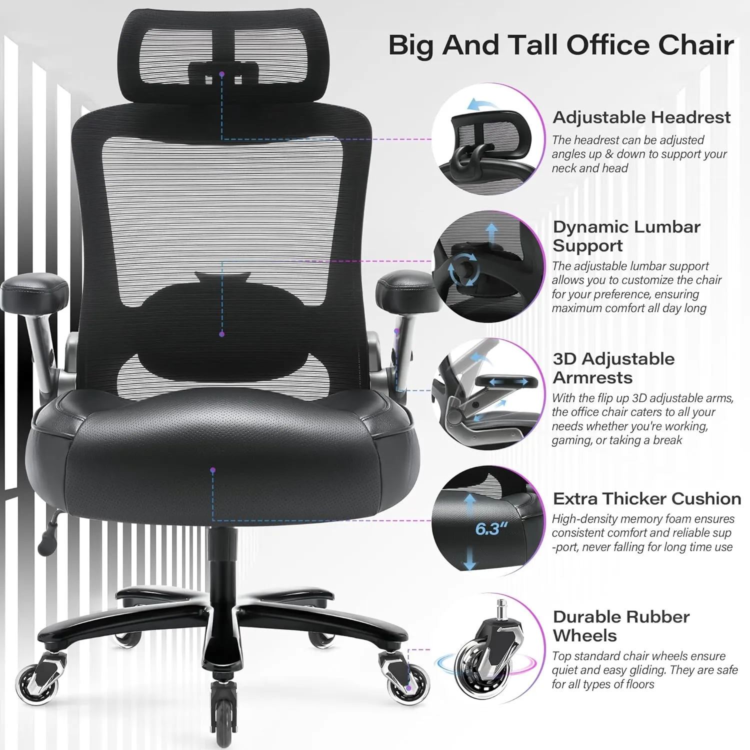 600lbs Big and Tall Office Chair- Heavy Duty Executive Computer Chair with 3D Flip Arms Large Wheels, Ergonomic Mesh High Back Desk Chair, Extra Wide Seat Adjustable Lumbar Support&Headrest