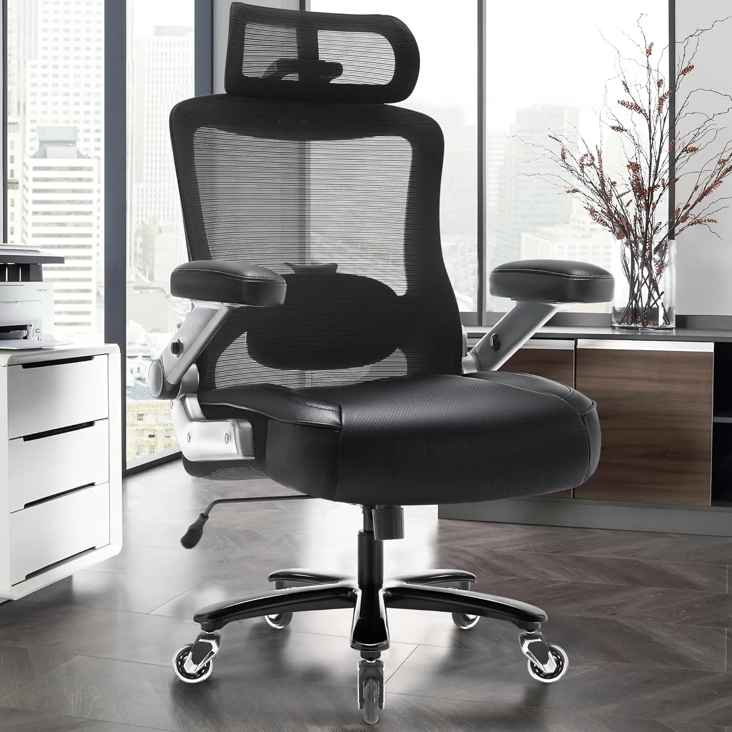 600lbs Big and Tall Office Chair- Heavy Duty Executive Computer Chair with 3D Flip Arms Large Wheels, Ergonomic Mesh High Back Desk Chair, Extra Wide Seat Adjustable Lumbar Support&Headrest