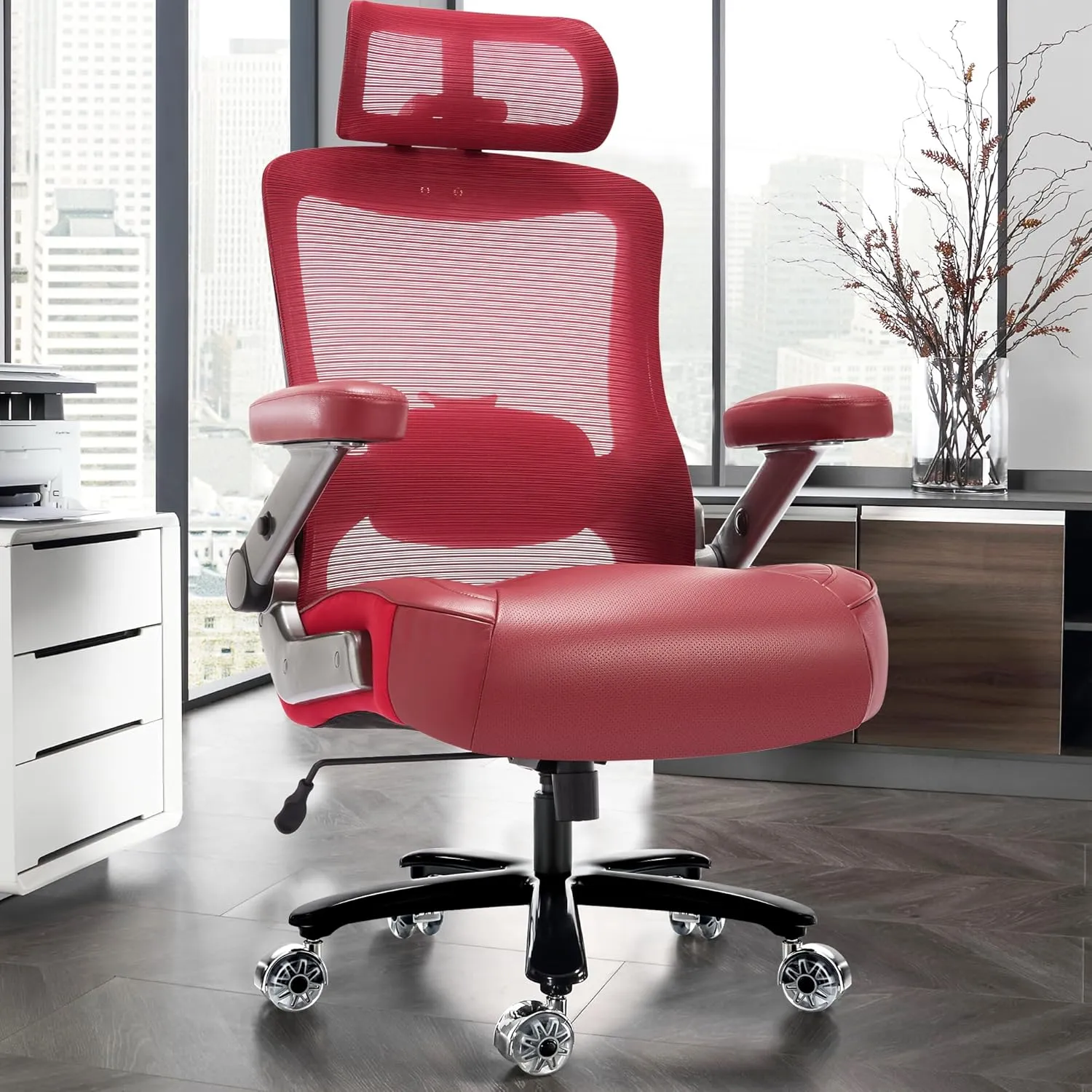 600lbs Big and Tall Office Chair- Heavy Duty Executive Computer Chair with 3D Flip Arms Large Wheels, Ergonomic Mesh High Back Desk Chair, Extra Wide Seat Adjustable Lumbar Support&Headrest