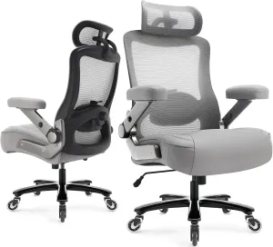 600lbs Big and Tall Office Chair- Heavy Duty Executive Computer Chair with 3D Flip Arms Large Wheels, Ergonomic Mesh High Back Desk Chair, Extra Wide Seat Adjustable Lumbar Support&Headrest