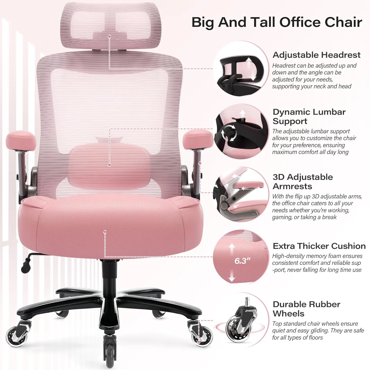 600lbs Big and Tall Office Chair- Heavy Duty Executive Computer Chair with 3D Flip Arms Large Wheels, Ergonomic Mesh High Back Desk Chair, Extra Wide Seat Adjustable Lumbar Support&Headrest