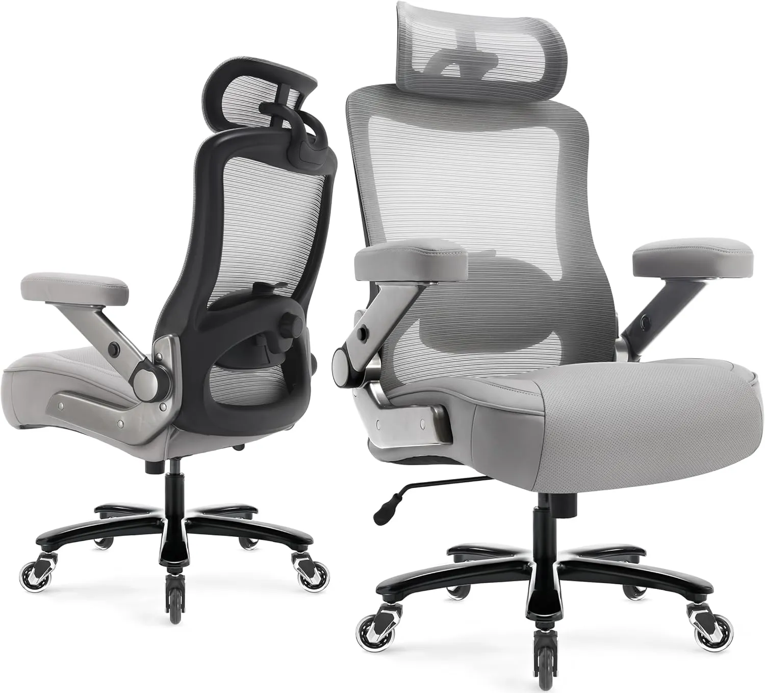 600lbs Big and Tall Office Chair- Heavy Duty Executive Computer Chair with 3D Flip Arms Large Wheels, Ergonomic Mesh High Back Desk Chair, Extra Wide Seat Adjustable Lumbar Support&Headrest