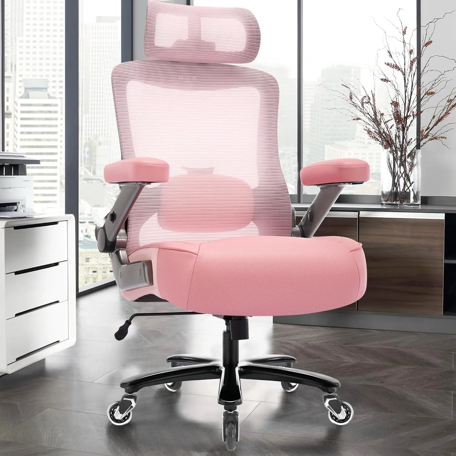 600lbs Big and Tall Office Chair- Heavy Duty Executive Computer Chair with 3D Flip Arms Large Wheels, Ergonomic Mesh High Back Desk Chair, Extra Wide Seat Adjustable Lumbar Support&Headrest