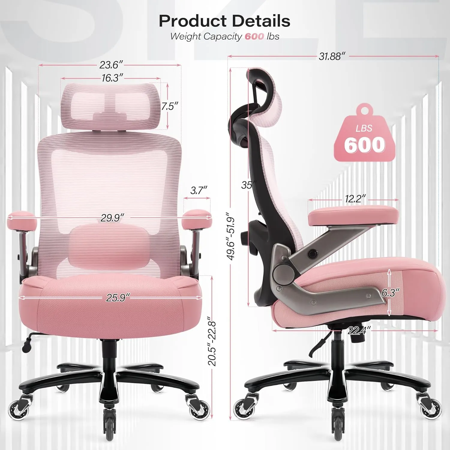 600lbs Big and Tall Office Chair- Heavy Duty Executive Computer Chair with 3D Flip Arms Large Wheels, Ergonomic Mesh High Back Desk Chair, Extra Wide Seat Adjustable Lumbar Support&Headrest