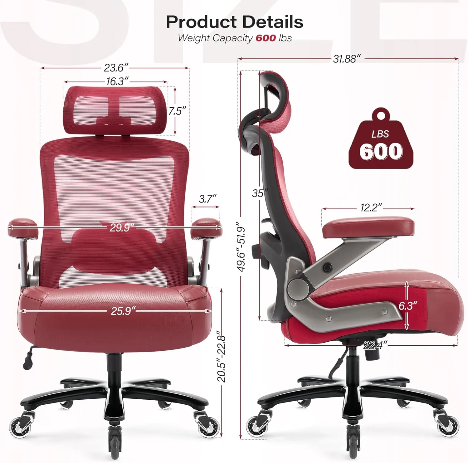 600lbs Big and Tall Office Chair- Heavy Duty Executive Computer Chair with 3D Flip Arms Large Wheels, Ergonomic Mesh High Back Desk Chair, Extra Wide Seat Adjustable Lumbar Support&Headrest
