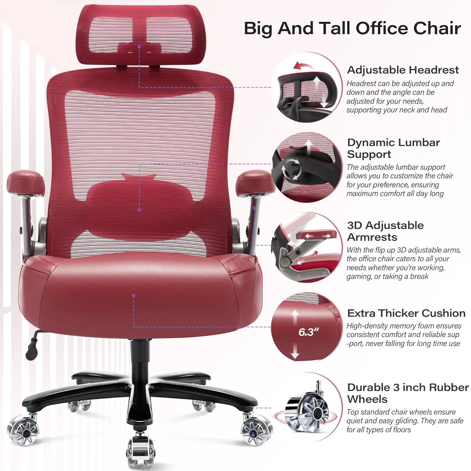 600lbs Big and Tall Office Chair- Heavy Duty Executive Computer Chair with 3D Flip Arms Large Wheels, Ergonomic Mesh High Back Desk Chair, Extra Wide Seat Adjustable Lumbar Support&Headrest