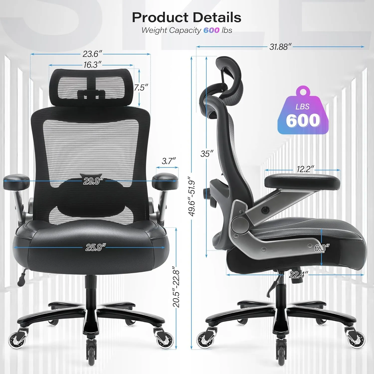 600lbs Big and Tall Office Chair- Heavy Duty Executive Computer Chair with 3D Flip Arms Large Wheels, Ergonomic Mesh High Back Desk Chair, Extra Wide Seat Adjustable Lumbar Support&Headrest