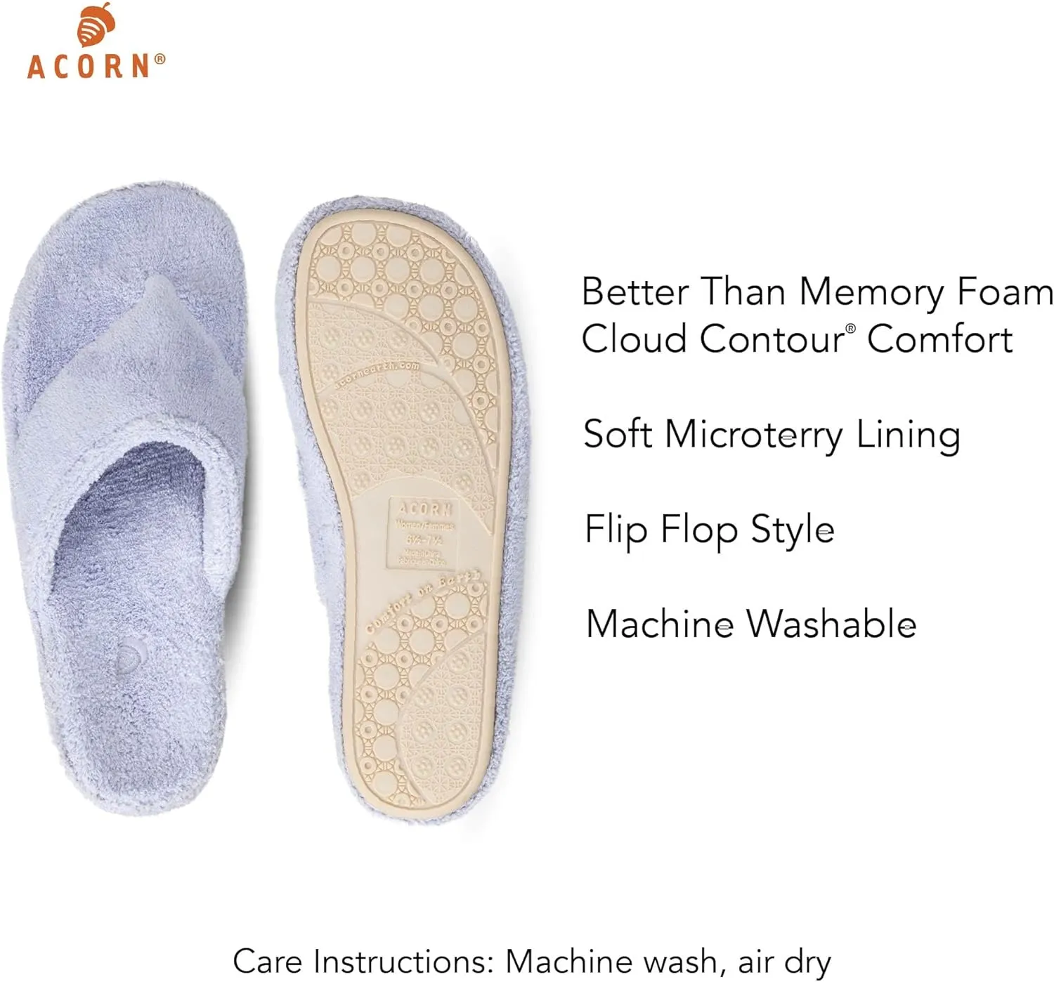 Acorn Women's Spa Thong Slippers with Cloud Contour Comfort - Arch Support and Plush Fluffy Terry Lining, Perfect for Beach, Camping, Poolside, or Bathroom Wear