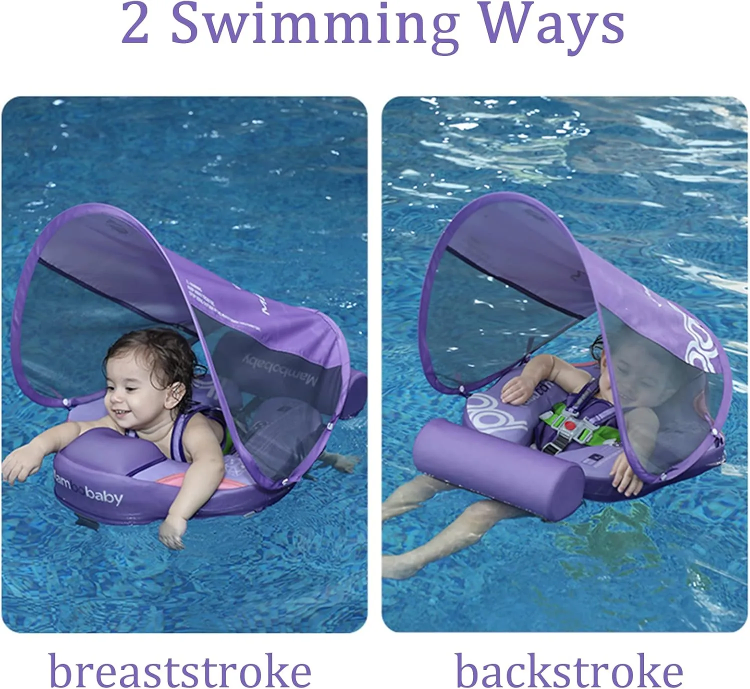 Add Tail Mambobaby Float with Canopy, Baby Floats for Pool Non-Inflatable Waist Float Swim Training Toy with UPF 50  UV Sun Canopy (Contrast-Purple)