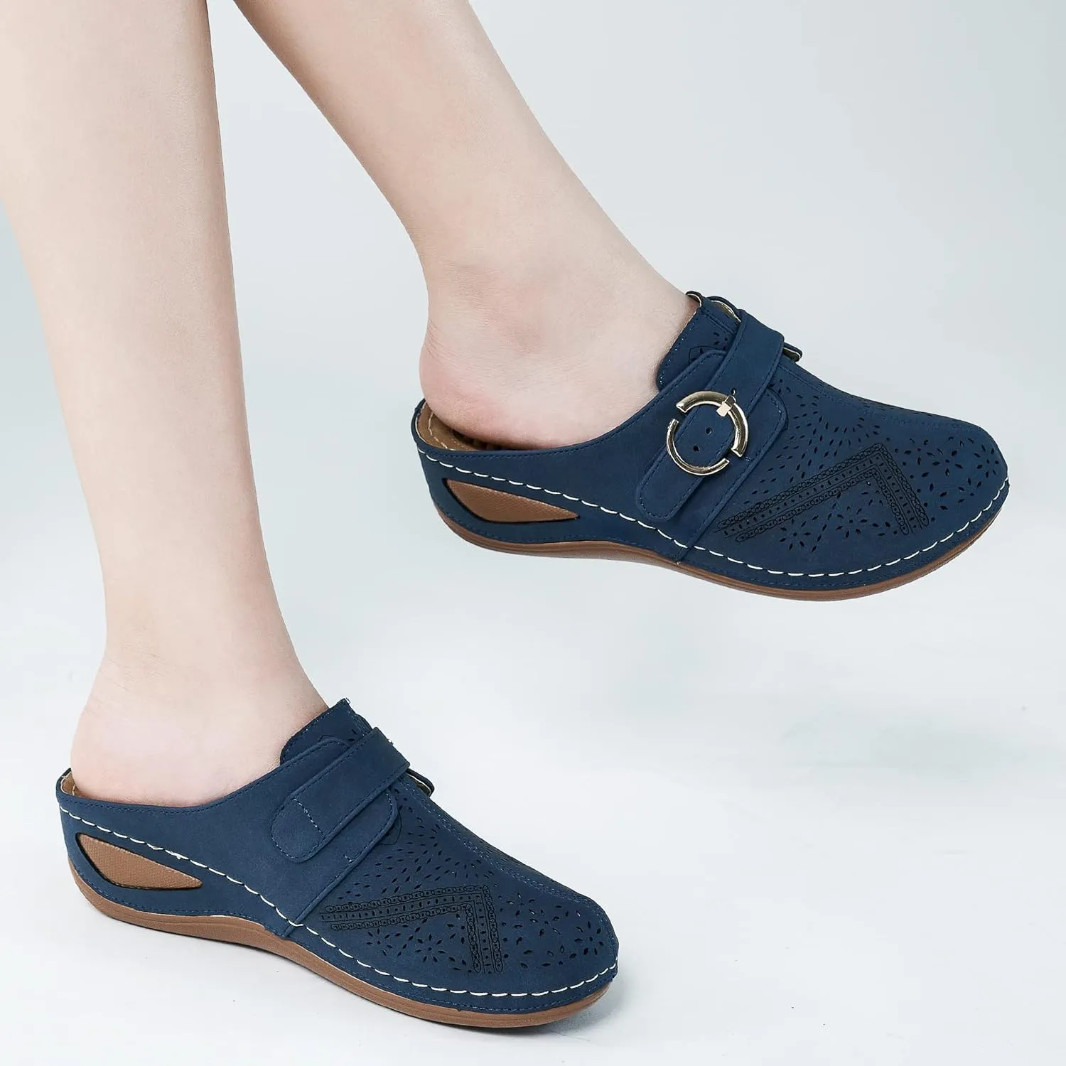 Alicegana Mules for Women Comfort Closed Toe Sandals Summer Slip on Wedge with Adjustable Hook Loop