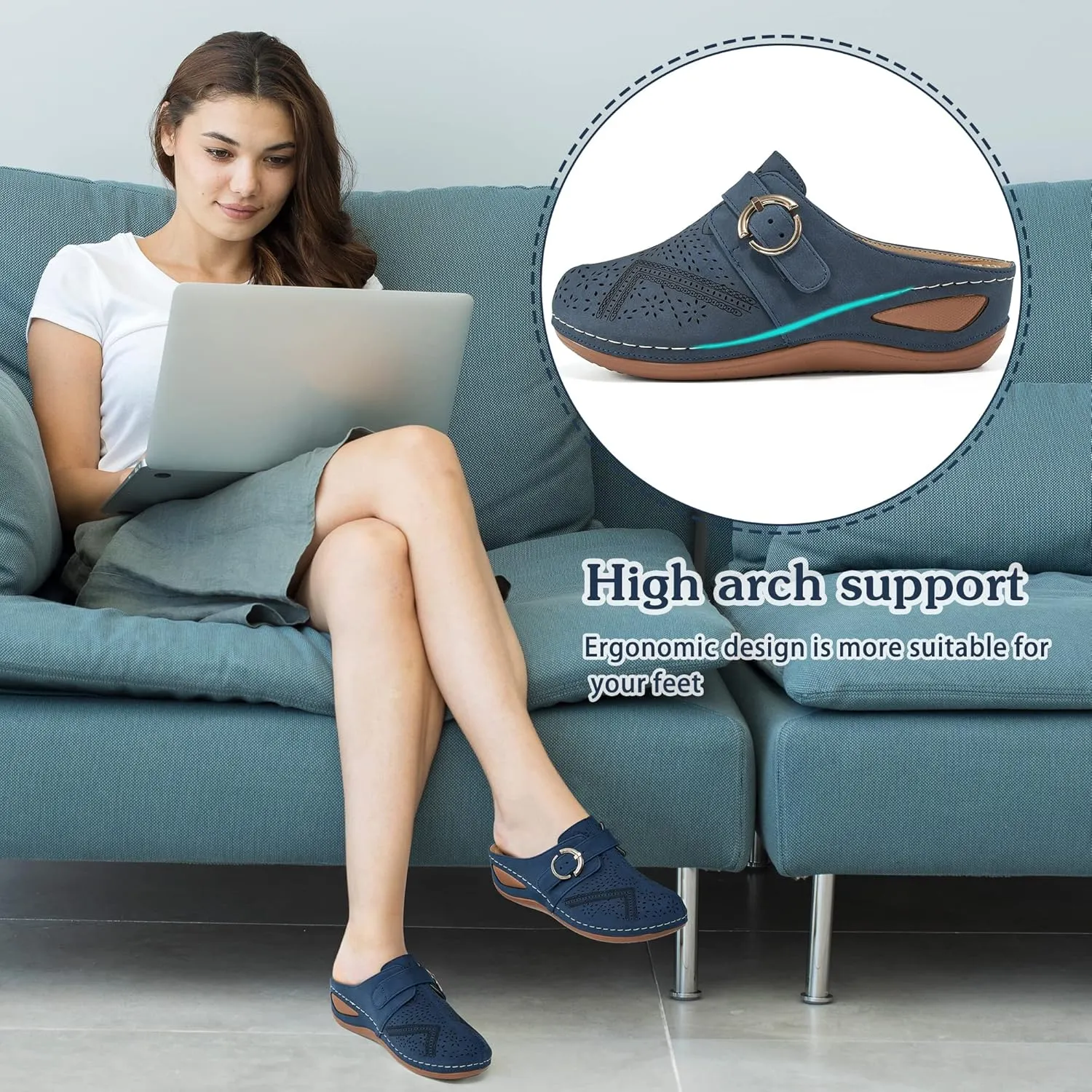 Alicegana Mules for Women Comfort Closed Toe Sandals Summer Slip on Wedge with Adjustable Hook Loop