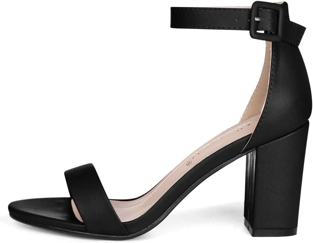 Allegra K Women's Solid Open Toe Buckle Block Heel Ankle Strap Sandals