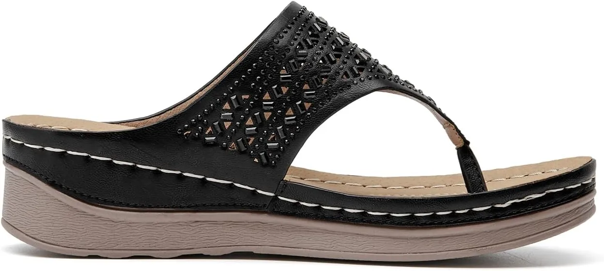 ALLOT Women's Comfortable Flip Flops Slip On Arch Support Platform Wedge Thong Sandals Rhinestone Hollow out Dressy Summer Slide Beach Walking Shoes