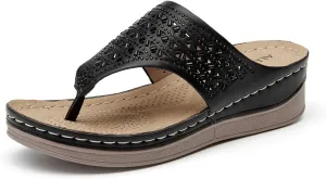 ALLOT Women's Comfortable Flip Flops Slip On Arch Support Platform Wedge Thong Sandals Rhinestone Hollow out Dressy Summer Slide Beach Walking Shoes