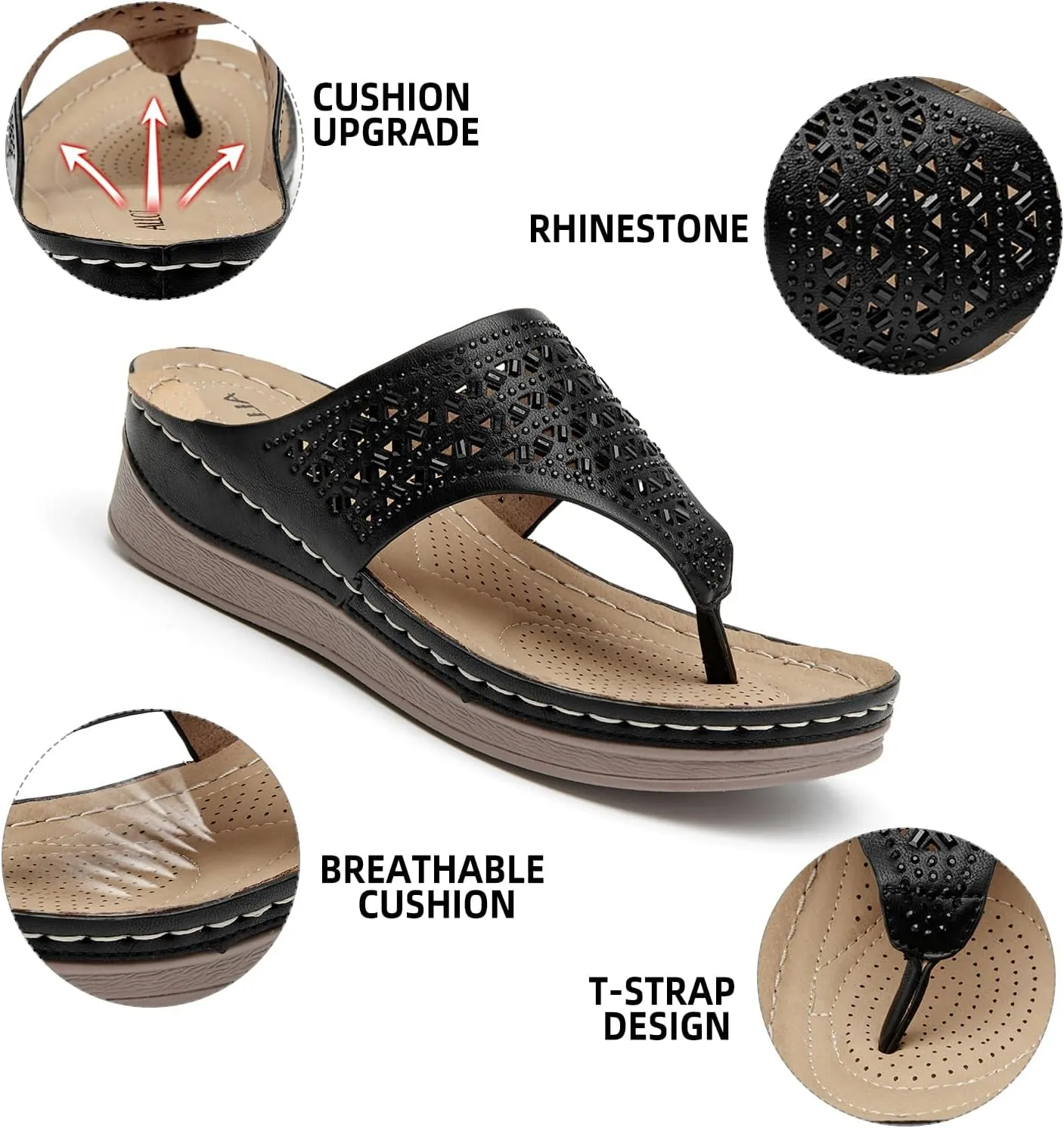 ALLOT Women's Comfortable Flip Flops Slip On Arch Support Platform Wedge Thong Sandals Rhinestone Hollow out Dressy Summer Slide Beach Walking Shoes