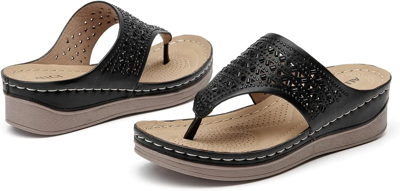 ALLOT Women's Comfortable Flip Flops Slip On Arch Support Platform Wedge Thong Sandals Rhinestone Hollow out Dressy Summer Slide Beach Walking Shoes