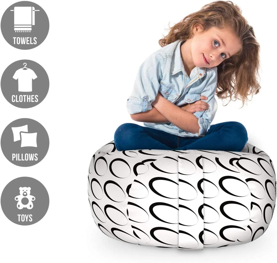 Ambesonne Black and White Storage Toy Bag Chair, Minimal Pattern with Slanted Oval Shapes Elongated Elliptic Outlines, Stuffed Animal Organizer Washable Bag, Small Size, Black and White