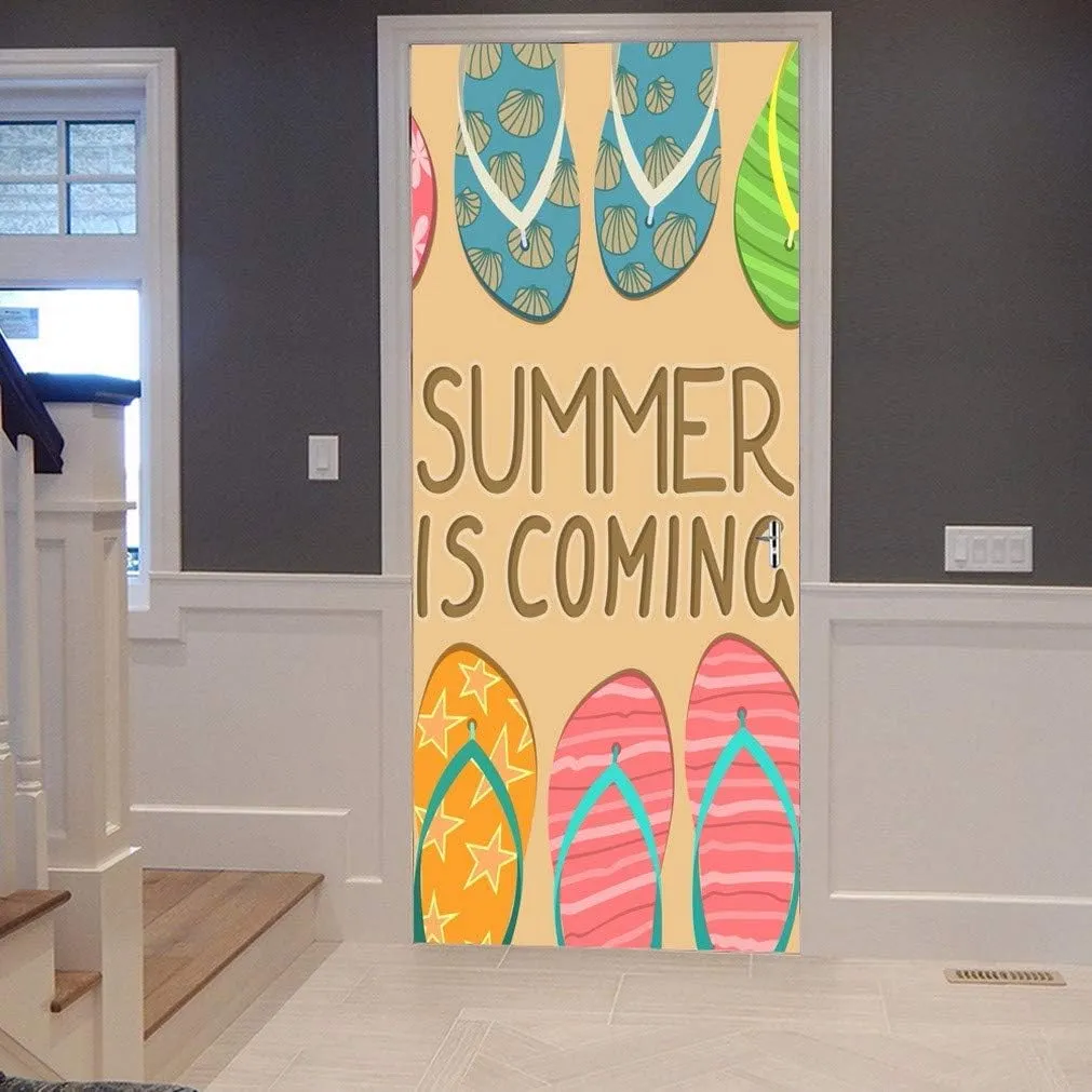 A.Monamour Beach Flip Flop Slippers On Sandy Summer Beach Brown Background Picture Print Eco-Friendly Vinyl Room Door Decals Wallpaper Wall Murals Removable Door Stickers Posters DIY Art Decors