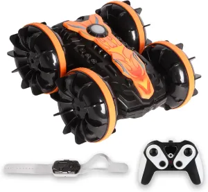 Amphibious RC Car for Kids, 4WD 2.4GHz Stunt Vehicle with Gesture & Remote Dual Control, 360° Spins, Waterproof All-Terrain with LED Lights, Birthday for Boys Girls, Beach Pool Toy