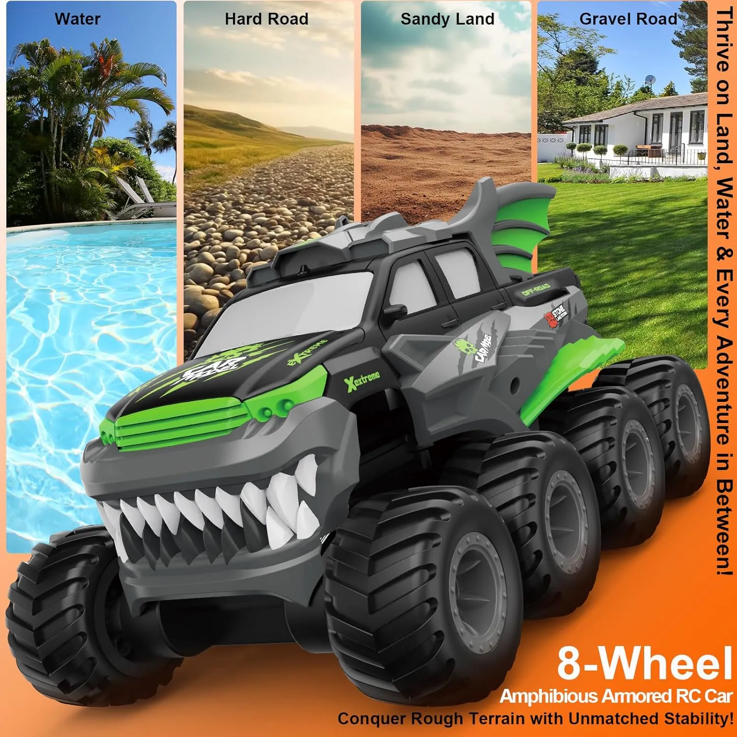 Amphibious Remote Control Car 8WD RC Monster Truck with 2 Rechargeable Batteries for Boys Age 8-12 Offroad Waterproof RC Pickup All Terrain RC Drift Cars Beach Pool Toys Gifts for Kids Green