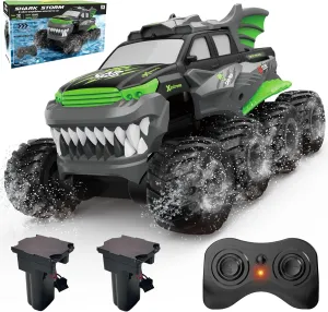 Amphibious Remote Control Car 8WD RC Monster Truck with 2 Rechargeable Batteries for Boys Age 8-12 Offroad Waterproof RC Pickup All Terrain RC Drift Cars Beach Pool Toys Gifts for Kids Green