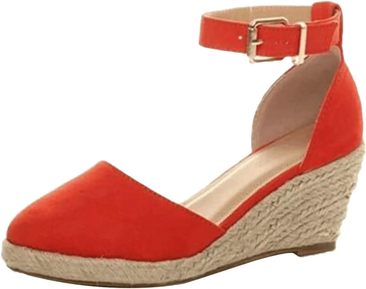 AngryMonkey Women's Espadrilles Wedges Sandals,Summer Comfortable Closed Toe Buckle Ankle Strap Casual Suede Empty High Slide