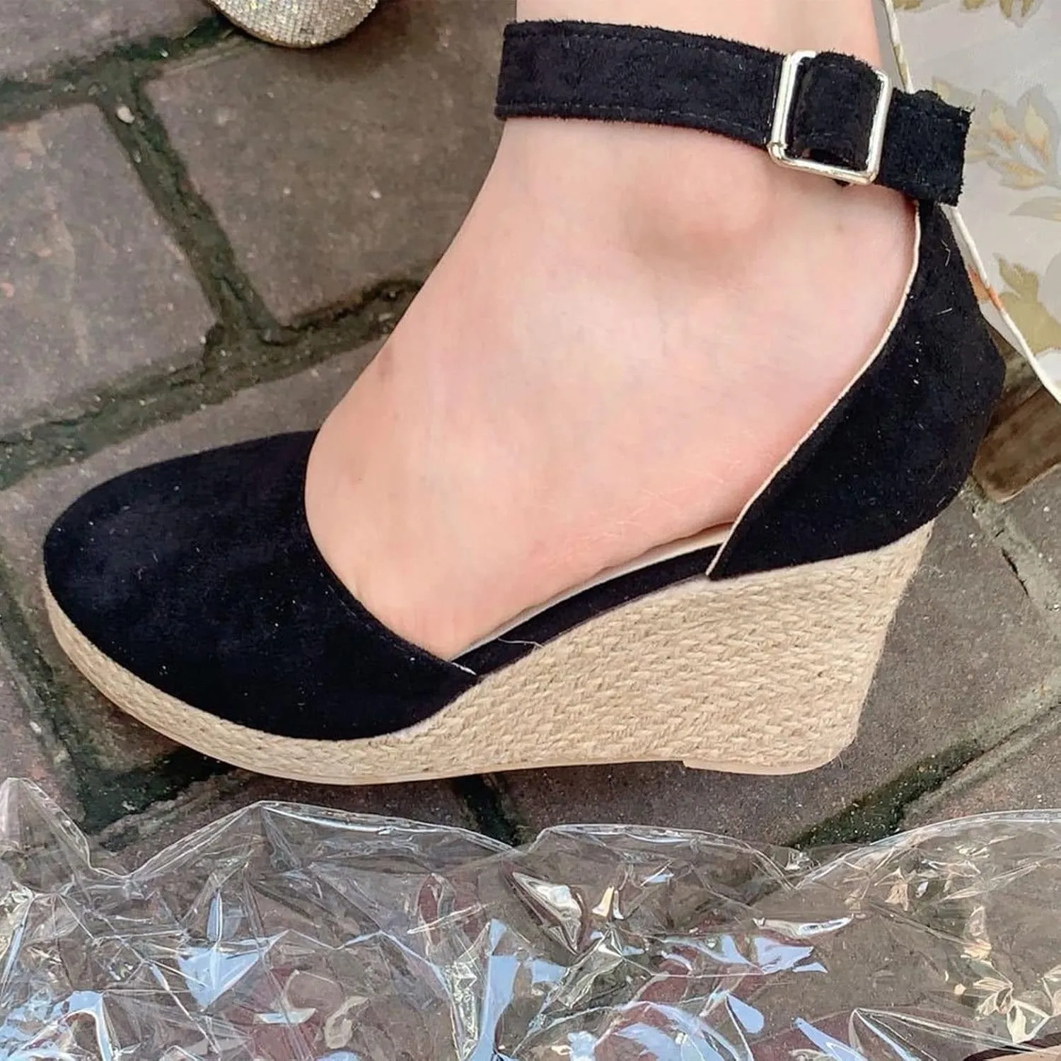 AngryMonkey Women's Espadrilles Wedges Sandals,Summer Comfortable Closed Toe Buckle Ankle Strap Casual Suede Empty High Slide