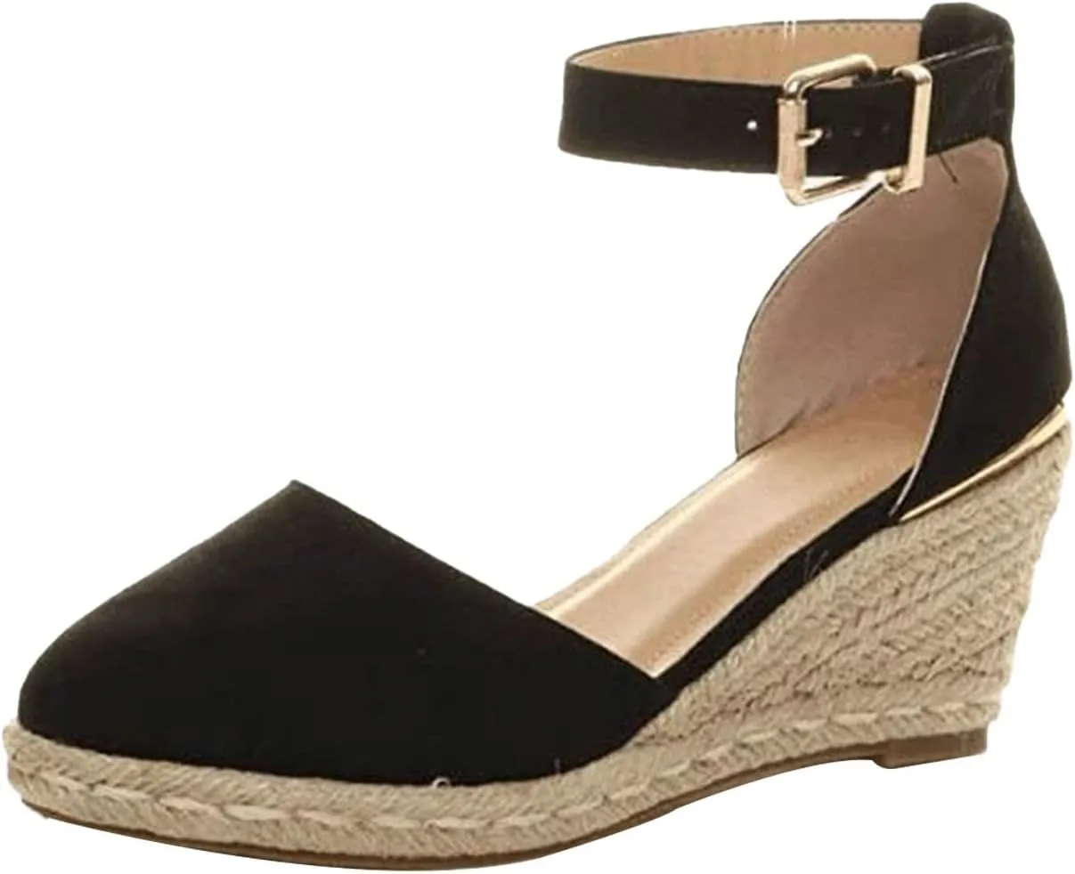 AngryMonkey Women's Espadrilles Wedges Sandals,Summer Comfortable Closed Toe Buckle Ankle Strap Casual Suede Empty High Slide