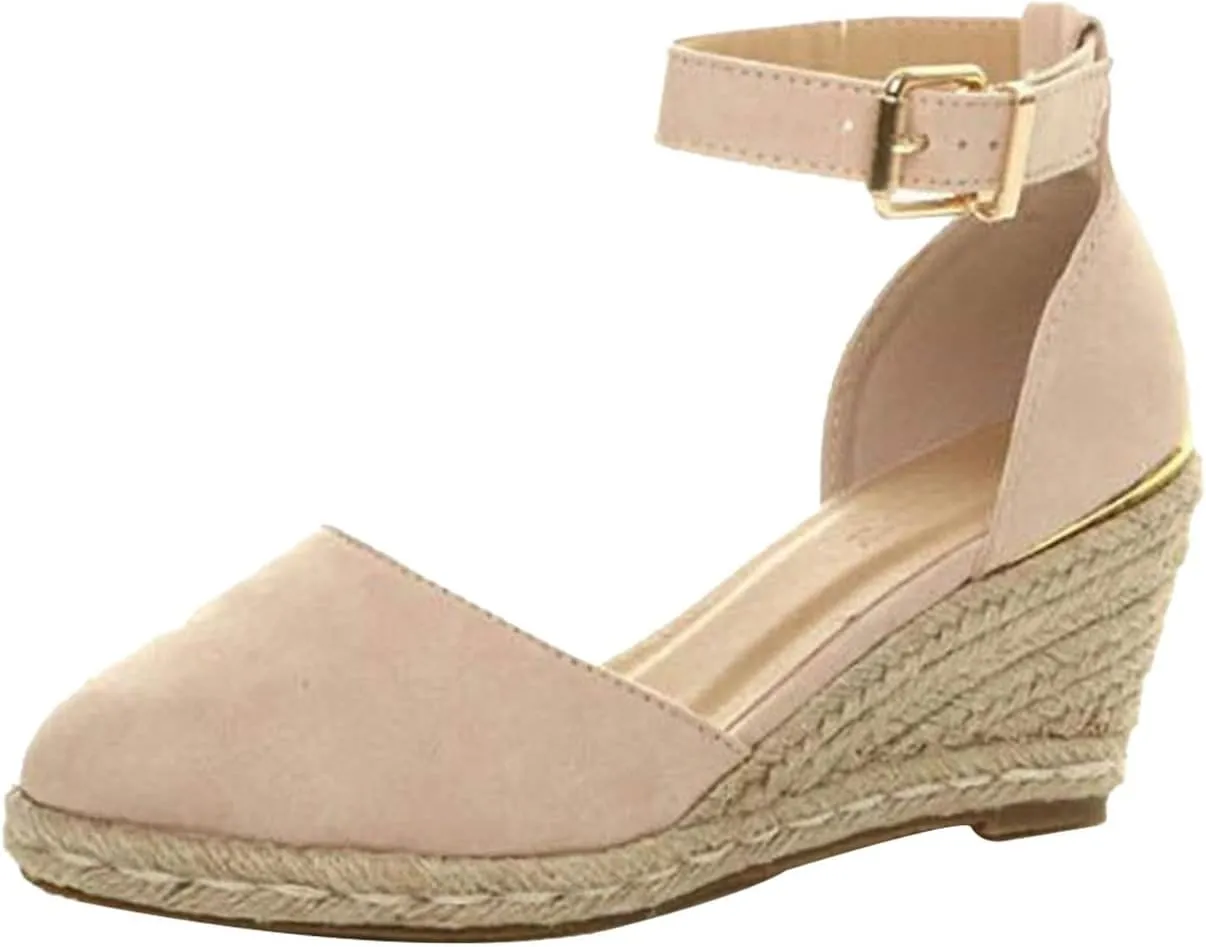 AngryMonkey Women's Espadrilles Wedges Sandals,Summer Comfortable Closed Toe Buckle Ankle Strap Casual Suede Empty High Slide