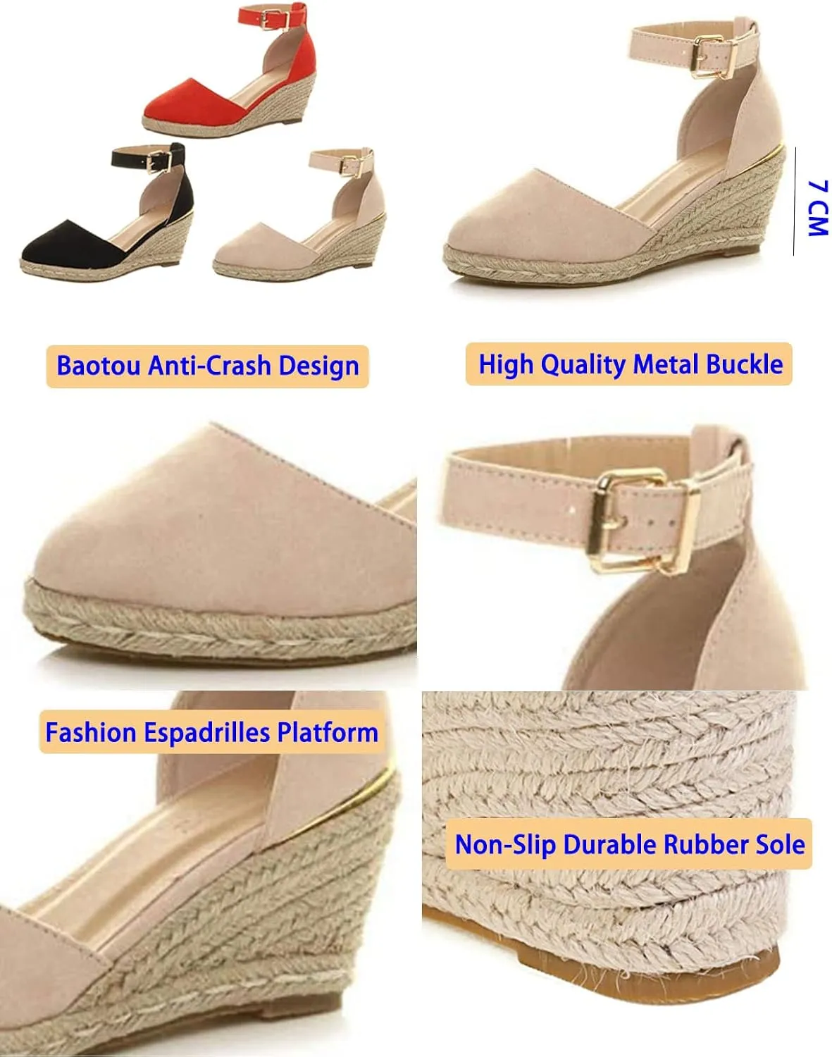 AngryMonkey Women's Espadrilles Wedges Sandals,Summer Comfortable Closed Toe Buckle Ankle Strap Casual Suede Empty High Slide