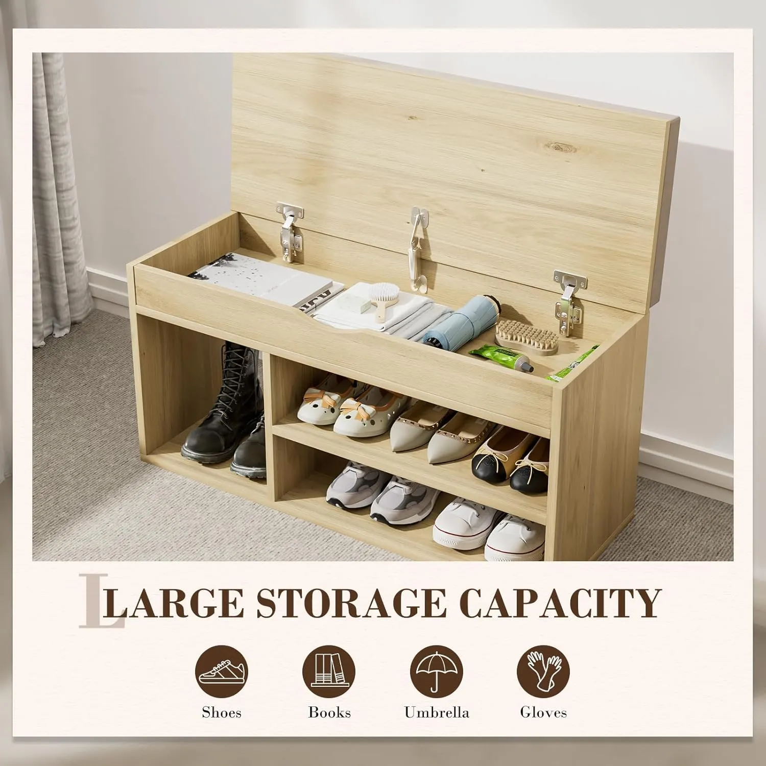 Apicizon 31 Inches Storage Bench, Shoe Bench with Flip Top Storage Space and Padded Cushion, Wooden Entryway Bench for Entryway, Living Room, 2-Tier Shoe Rack Organizer, Natural