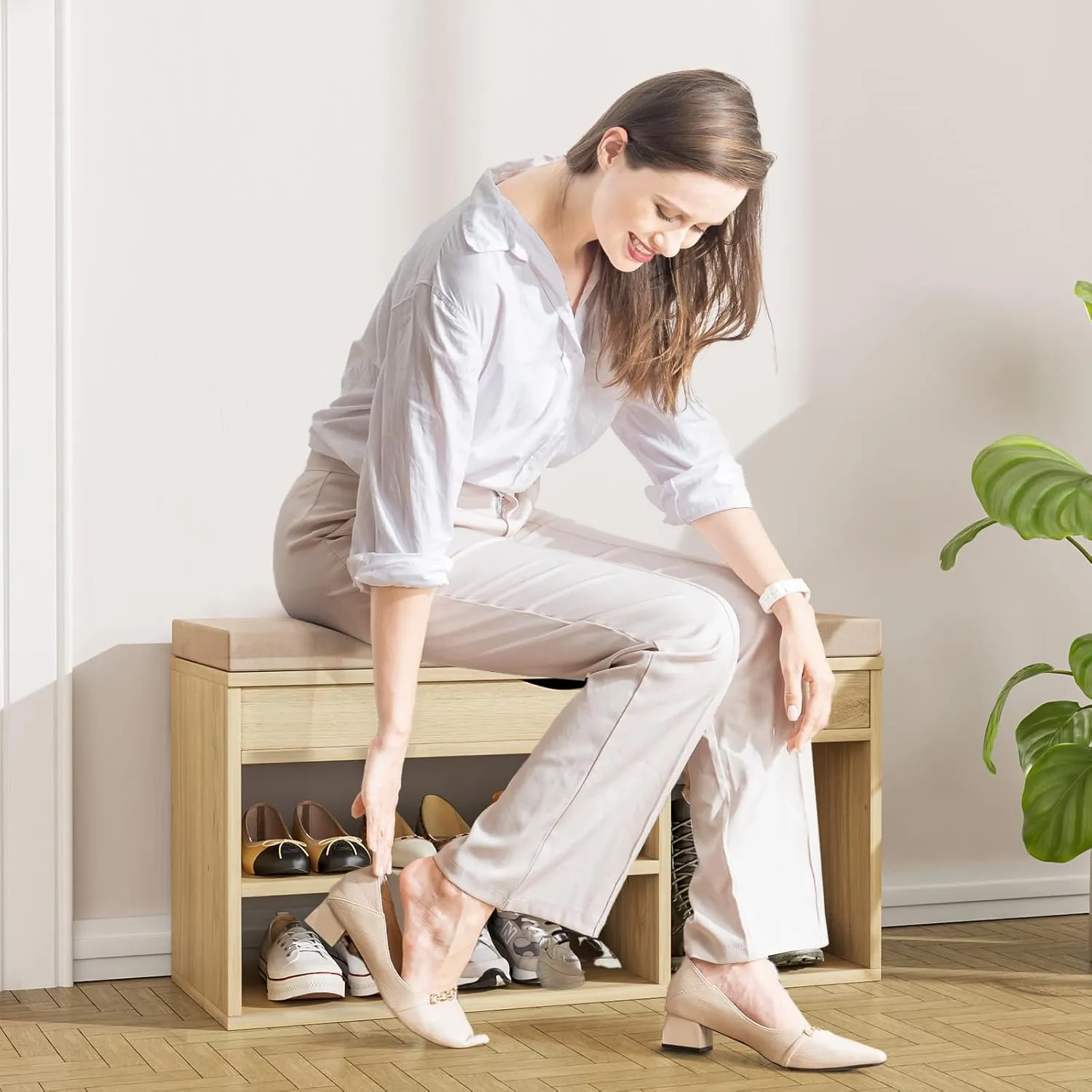Apicizon 31 Inches Storage Bench, Shoe Bench with Flip Top Storage Space and Padded Cushion, Wooden Entryway Bench for Entryway, Living Room, 2-Tier Shoe Rack Organizer, Natural