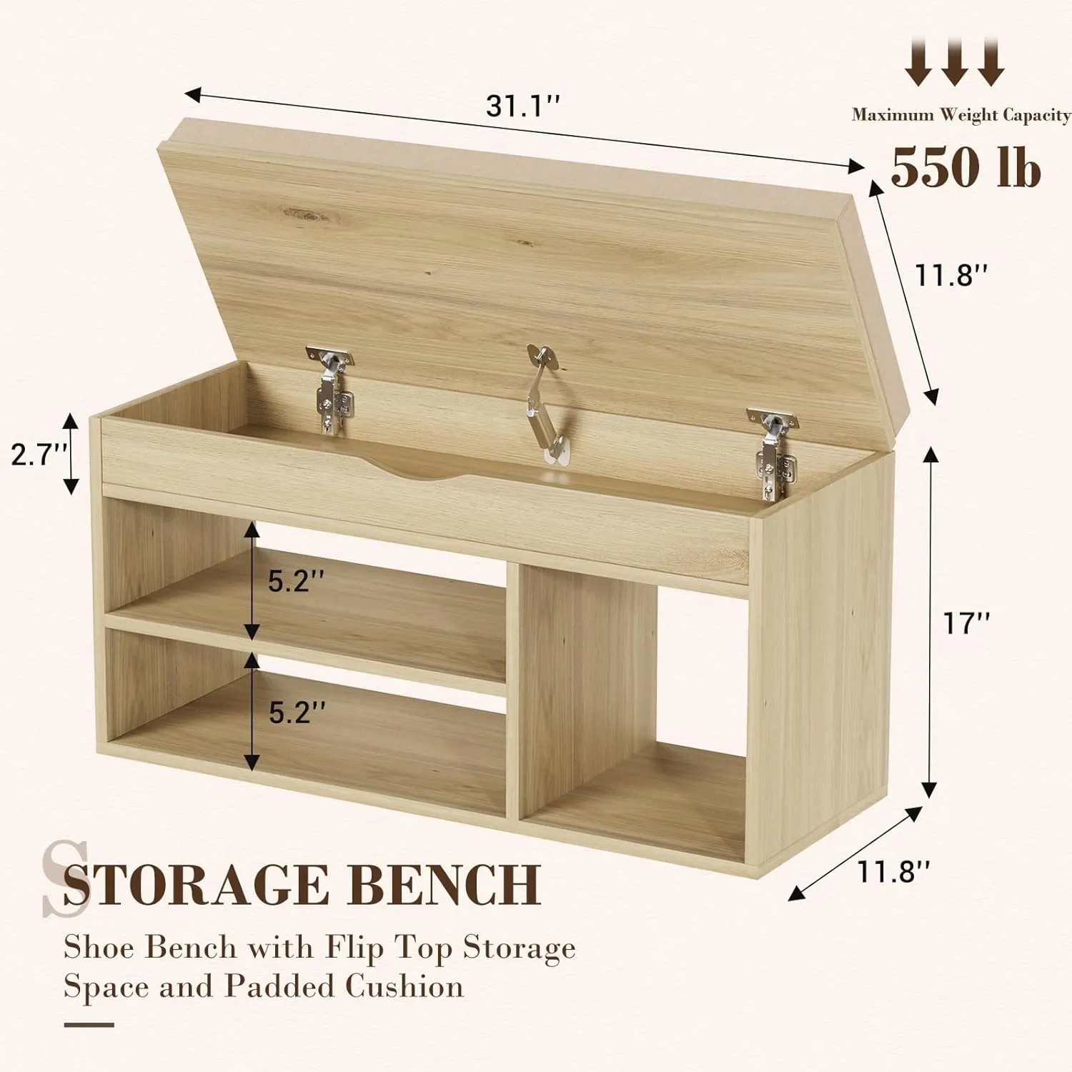 Apicizon 31 Inches Storage Bench, Shoe Bench with Flip Top Storage Space and Padded Cushion, Wooden Entryway Bench for Entryway, Living Room, 2-Tier Shoe Rack Organizer, Natural